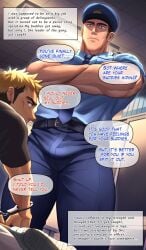 2boys bara bulge dilf english english_text gay handcuffs izukonohito male male_only muscular muscular_male police police_hat police_uniform punishment text text_bubble yaoi