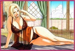 1girls 2d 2d_(artwork) adapted_costume ai_generated babydoll bare_chest bare_legs bare_shoulders barefoot bedroom big_breasts blonde_hair blush bra breast_focus breasts breasts_bigger_than_head brown_eyes cleavage facial_mark feet feet_out_of_frame female female_only forehead_mark full_body huge_breasts inviting_to_sex large_breasts light-skinned_female light_skin lingerie lipstick looking_at_viewer lying_on_bed lying_on_side makeup manga_style mature mature_female naruto naruto_(series) naruto_shippuden off_shoulder oppai panties pinup questionable robe see-through see-through_clothing sexy_pose slim_waist solo top_heavy top_heavy_breasts tsunade upper_body v-shaped_eyebrows violet_border voluptuous voluptuous_female