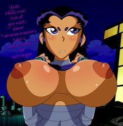 1girls 2d alien alien_girl alien_look_like_human annoyed annoyed_expression averting_eyes big_breasts blackfire blush breasts breasts_apart breasts_exposed breasts_out cartoon_network clothing cloud dc dc_comics elpepsi english_text erect_nipples exposed_breasts facing_viewer female female_only komand'r large_breasts lifted_by_self long_hair looking_away_from_viewer night night_sky nipples orange_skin outdoors presenting_breasts purple_eyes red_hair self_exposure shirt_lift shirt_lifted_by_self slim_waist solo solo_female straight-on straight_hair tagme tamaranean tan-skinned_female tan_skin teen_titans text titan_tower top_heavy top_lift upper_body