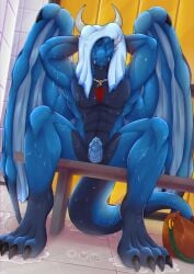 absurd_res aktiloth anthro blue_body blue_scales chain_collar cobalt_(cobaltderg) collar dragon exhibitionism genital_piercing genitals gym hi_res locker_room male mythological_creature mythological_scalie mythology peeking_penis penis penis_piercing piercing prince_albert_piercing scales scalie slit_penis solo wet wet_body wings_folded