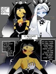 2girls blush breast_grab breasts breasts_out cookie_run cookie_run_kingdom crying female frost_queen_cookie insecure moonlight_cookie one_eye_closed small_breasts text text_bubble wholesome yuri