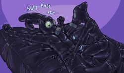 a_guy_somewhere anthro bdsm_gear bdsm_outfit bed bondage bulge canid canine clothing dominant dominant_anthro dominant_male duo furniture gas_mask hi_res lagomorph latex latex_bed latex_clothing latex_skinsuit leporid lying lying_on_bed male male/male mammal mask on_back on_bed purple_background rabbit restrained restraints sex_toy simple_background sitting skinsuit submissive submissive_anthro submissive_male tight_clothing vibrator vibrator_on_null_bulge wand_vibrator