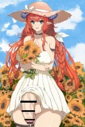 1futa bagpipe_(arknights) bottomless censored dress futanari horns sun_hat wo_henduo_rou