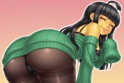 1girls ahoge ai ai_art ai_generated anonemus1 asian asian_female ass black_bra black_hair black_legwear blunt_bangs butt_focus cartoon_network closed_eyes clothed clothed_female codename:_kids_next_door fusionfall kuki_sanban leaning_forward long_hair numbuh_3 off_shoulder off_shoulder_sweater pixai smile solo solo_female yellow_skin