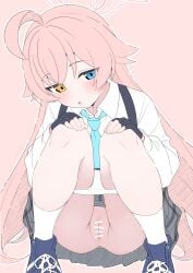 :o absurdres ahoge aqua_necktie bar_censor black_gloves blue_archive blue_eyes blue_shoes censored cleft_of_venus commentary_request female fingerless_gloves gloves halo heterochromia highres hoshino_(blue_archive) long_hair long_sleeves looking_at_viewer mistel_(sukebemistel) necktie panties panty_pull pink_background pink_hair pink_halo pussy shirt shoes simple_background squatting underwear white_panties white_shirt yellow_eyes