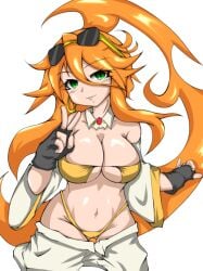 1girls big_breasts breasts chaos_code curvy dijigen2011 earrings ecchi female female_focus female_only fingerless_gloves gloves happy hermes_gberardini large_breasts looking_at_viewer panties peace_sign ponytail pussy smile sunglasses thong v visible_pussy