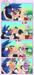 absurd_res aroused aroused_by_another asderzx blush bodily_fluids cinderace clothing comic dialogue duo eating emporio_candycorn_(asderzx) erection erection_under_clothing galarian_form galarian_meowth gaspar_(asderzx) generation_1_pokemon generation_4_pokemon generation_8_pokemon group hi_res imminent_vore kissing lee_the_meowth_(asderzx) lucario making_out male male/male meowth nintendo pokemon pokemon_(species) regional_form_(pokemon) saliva scared sweet_(asderzx) tenting