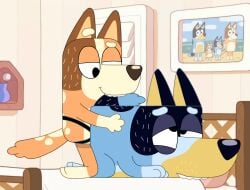 4_fingers anal anal_sex anthro australian_cattle_dog bandit_heeler bed bite biting_sheets black_body black_eyes black_fur black_nose blue_body blue_eyebrows blue_eyelids blue_fur bluey_(series) brown_body brown_fur brown_nose canid canine canis canon_couple cattledog chilli_heeler detailed_background domestic_dog dominant dominant_female duo ears_back evasiveemmett eyebrows female female_penetrating female_penetrating_male fingers fur furniture greying_hair half-closed_eyes herding_dog hi_res holding_onto_partner husband_and_wife intraspecies looking_at_another looking_down looking_down_at_partner looking_pleasured male male/female male_penetrated mammal married_couple mature_female mature_male narrowed_eyes object_in_ass obscured_penetration on_bed on_model orange_body orange_eyelids orange_fur orgasm_face pastoral_dog pegging penetration pivoted_ears sex sex_toy sex_toy_in_ass sex_toy_insertion strapon strapon_sex submissive submissive_male tail tail_bite tail_in_mouth tan_body tan_fur tan_muzzle teeth toying_partner white_body white_eyebrows white_fur