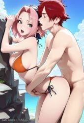1boy against_rock ai_generated arm_support beach bikini closed_eyes clothed_female_nude_male day female green_eyes hands_on_another's_stomach looking_at_another looking_back medium_hair mugenshi naruto naruto_(series) naruto_shippuden ocean orange_bikini orange_swimsuit outdoors patreon_username pink_hair red_hair reward_available sakura_haruno self_upload sex sex_from_behind short_hair sky straight swimsuit two-piece_swimsuit