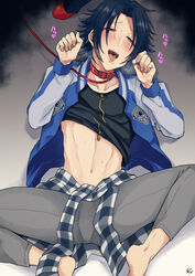 1boy aina123 begging_pose black_hair blush bulge clothed clothes collar dog_pose heterochromia humiliation hypnosis_mic leash looking_at_viewer male_only midriff mole mole_under_eye mole_under_mouth on_back open_smile petplay puppyplay shirt_lift solo_male spread_legs tongue_out yamada_jiro_(hypnosis_mic)