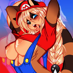 anthro areolae blue_eyes blush breasts brown_fur brown_hair clothed clothing cosplay crystal-for-ever erect_nipples female female_only fluffy fluffy_tail fur hair hat large_areolae mario_(cosplay) mario_(series) multicolored_fur nintendo nipple_bulge open_mouth partially_clothed raccoon simple_background teeth tongue tongue_out