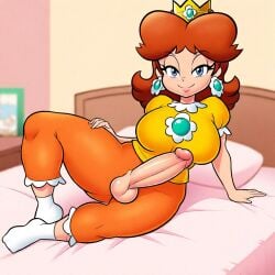1futa 1girls accurate_art_style ai_generated balls brown_hair erection futanari horny looking_at_viewer mario_(series) nintendo pajama_pants pajama_shirt pajamas penis penis_out princess_daisy smile socks solo testicles