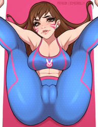 1girls abs breasts brown_eyes brown_hair cameltoe cleavage d.va dimedrolly earbuds fair-skinned_female fair_skin female female_focus female_only fully_clothed hana_song light-skinned_female light_skin looking_at_viewer make_up medium_breasts overwatch solo solo_female solo_focus spread_legs yoga_pants