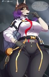 anthro belt bite biting_lip bottomwear brown_body brown_fur canid canine canis clothing cosplay dialogue ear_piercing ear_ring english_text female fur gloves hair handwear harness hi_res highlights_(coloring) jackal kuro_games lips looking_at_viewer looking_down looking_down_at_viewer makeup mammal necktie pants piercing ponytail purple_highlights ring_piercing shirt sly_shadex smug solo tan_body tan_fur text thick_bottom_lip topwear wuthering_waves yuna_taia