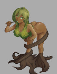 1girls arched_back ass bending_forward bending_over bent_over dark-skinned_female dat_ass dryad female glistening_body glistening_skin gray_background green_eyes green_hair large_ass leaf_bikini medium_breasts monster_girl runescape shiny_skin solo solo_female spoony_loony tree_spirit_(runescape) wand