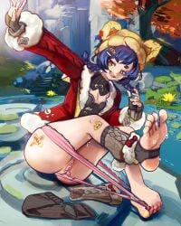 blue_hair breasts crazystorm-165 exhibitionism exhibitionist feet female flashing foot_fetish foot_focus foot_play footwear genshin_impact girl legwarmers open_mouth pussy pussy_juice self_wedgie small_breasts socks sole_female soles soles_female sweat sweatdrop toenail_polish toes uncensored wedgie xiangling_(genshin_impact) yellow_eyes