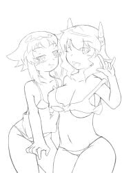 2girls big_breasts blush breasts chaos_code dijigen2011 ecchi female happy large_breasts looking_at_viewer lupinus_(chaos_code) medium_breasts mishima_rui oerba_yun_fang panties rui_mishima sketch soldier teenager thighs thong wink winking_at_viewer