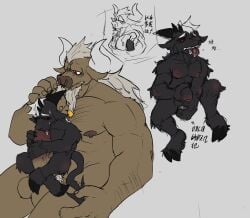 absurd_res adopted_(lore) adoptive_father_(lore) beard beard_ring bovid bovine caprine cattle demonrat demos_(demonrat) facial_hair father_(lore) father_and_child_(lore) genitals goat hair hi_res holding_penis humanoid_genitalia humanoid_penis long_hair male male/male mammal oral parent_(lore) parent_and_child_(lore) penis sex sex_toy sex_toy_insertion size_difference son_(lore) tongue vikant_(demonrat)