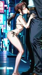 ai_generated black_lagoon blowjob blowjob_face brown_hair fellatio female girl micro_bikini ponytail public revy street teenage_girl young younger_female