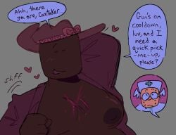 blood_stain breasts caretaker_(die_of_death) die_of_death_(roblox) exposed_breasts female half-dressed loveshot_(die_of_death) roblox showing_off tagme