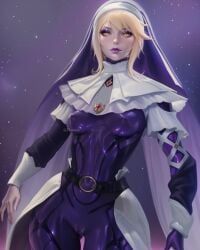 ai_assisted ai_generated blonde_hair bodysuit cameltoe clip_studio_paint_(artwork) covered_nipples edited_ai eyelashes flaezon makeup nun pendant purple_bodysuit space warframe yellow_eyes