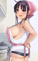 apron ass bandana blush breasts cooking eye_contact female highres igarashi_kyouhei large_breasts looking_at_another looking_at_viewer loose_clothes original short_shorts shorts sideboob smile tank_top