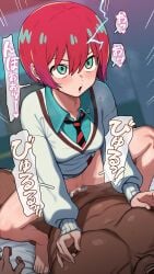 1boy amate_yuzuriha aqua_eyes aqua_shirt barefoot blush bottomless breasts clothed_female_nude_male collared_shirt comic_lo commentary_request cum cum_in_pussy dark-skinned_male dark_skin ejaculation female gundam gundam_gquuuuuux highres interracial long_sleeves necktie nt00 nude parted_lips red_hair school_uniform sex shirt short_hair short_red_hair solo_focus speech_bubble squatting_cowgirl_position straight sweater thighs toes translation_request variant_set white_sweater