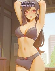 1futa 2025 ai_generated armpits arms_up artist_name blush bow bow_panties bra breasts breasts breasts bust chest earrings final_fantasy futanari hi_res high_quality high_resolution highres jewelry long_hair looking_at_viewer low-tied_long_hair navel novalust open_mouth panties patreon patreon_username solo stable_diffusion tifa_lockhart underwear watermark