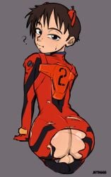 1boy ? ass asuka_langley_sohryu_(cosplay) balls cosplay crossdressing femboy feminization fully_clothed ikari_shinji jeteggs looking_back neon_genesis_evangelion otoko_no_ko plugsuit question_mark ripped_clothing shinji_ikari short_hair solo sweat testicles torn_clothes