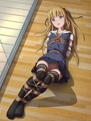 1girls arms_tied_behind_back blonde_hair blue_eyes blush bondage exposed_pussy legs_tied legs_together no_panties pussy rope rope_bondage saenai_heroine_no_sodatekata sawamura_spencer_eriri school_uniform solo tokinohimitsu uncensored upskirt