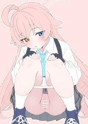 :o absurdres ahoge aqua_necktie bar_censor black_gloves blue_archive blue_eyes blue_shoes censored cleft_of_venus commentary_request female fingerless_gloves gloves halo heterochromia highres hoshino_(blue_archive) long_hair long_sleeves looking_at_viewer mistel_(sukebemistel) necktie panties panty_pull pink_background pink_hair pink_halo pussy shirt shoes simple_background squatting underwear white_panties white_shirt yellow_eyes