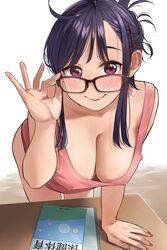 2020 bent_over bent_over_table black_hair blush breasts brown_eyes cleavage colored_nails denim denim_shorts down_blouse erection_under_clothes female glasses hairclip highres igarashi_kyouhei large_breasts looking_at_viewer magazine no_bra original original_character shorts smile twintails