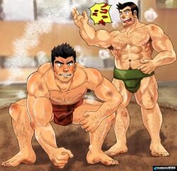 2boys abs arm_hair armpit_hair armpits arms_up bandaid bandaid_on_face bara beard_stubble beefy biceps big_areola big_feet big_hands black_eyes black_hair blurry_background broad_shoulders brown_hair bruise bruised bruised_arm bruised_leg capcom chest_hair clenched_hand clenched_teeth collarbone crossover crouching daddy detective dick_gumshoe dilf dirt frown full_body fundoshi fundoshi_only gay green_fundoshi grin gyakuten_kenji gyakuten_saiban hairy hand_on_waist happy_trail hi_res hunk indoors itonokogiri_keisuke japanese_clothes laugh leg_hair legs_apart male male_only manly mature_male mawashi mouryou_no_hako muscles muscular muscular_arms muscular_legs muscular_male muscular_thighs navel pecs pubic_hair quadriceps red_fundoshi round_eyes short_hair shutaro_kiba sideburns six_pack spiky_hair spraying standing steam steaming_body steamy_breath suamaru suamaru0808 sumo sumo_ring sumo_wrestling sweat sweatdrop sweating sweaty text text_bubble thick_eyebrows thick_neck toenails tough_guy translated triceps twitter_username v-shaped_eyebrows wide_eyed yaoi