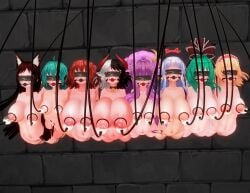 8girls alice_margatroid ball_gag blindfold bondage bound_together breasts captured chinkaigyogyo damsel_in_distress defeat female gag glaring human_farm kagerou_imaizumi kagiyama_hina keine_kamishirasawa kogasa_tatara komachi_onozuka large_breasts looking_at_viewer milking_machine nipples nude patchouli_knowledge slavegirl touhou
