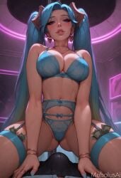 ai_generated big_breasts blue_eyes blue_hair blue_lingerie bulge bulge_through_clothing cleavage female hair_ornament lap_dance lapdance league_of_legends lingerie mobolusai pov sona sona_buvelle stripper stripper_pole stripping twintails viewed_from_below