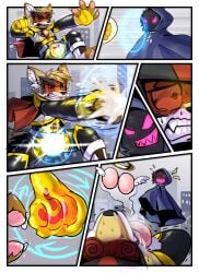 anthro biped canid canine claws clothed clothing cock_and_ball_torture comic duo fox genital_torture hero_(zhuki) hi_res kemono laugh magic male mammal pawpads pink_pawpads tail tongue tongue_out zhuki_(artist)