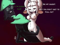 1boy 1girls anthro anthro_on_anthro crossover deltarune demon_girl eyes_closed female_anthro goat goat_lucifer_(helltaker) hands_behind_head helltaker huge_horns lucifer_(helltaker) male_anthro manwiththemole older_female ralsei riding small_breasts smug_face straight vaginal vaginal_sex younger_male