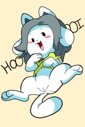 bottomless clothed clothing female feral fur furry furry_only hair hi_res itsunknownanon mammal partially_clothed pussy simple_background tail tem temmie_(undertale) text topwear undertale undertale_(series) video_games white_body