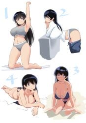 arato_nagi armpits arms_up bare_shoulders barefoot bent_over bikini black_hair blue_bikini blue_eyes blush breasts calvin_klein cleavage clothes_pull commentary_request denim earrings elbow_rest female from_side full_body grey_panties grey_sports_bra head_rest highres jeans jewelry kneeling large_breasts long_hair long_sleeves looking_at_viewer lying multiple_views nagi_arato navel on_stomach one_eye_closed open_clothes open_mouth panties pants pants_pull ruri_no_houseki ruri_rocks shirt smile sports_bra stretching stud_earrings swimsuit underwear underwear_only untied_bikini wa_(genryusui) white_background white_shirt