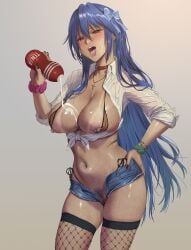 1girls :d alternate_hair_length alternate_hairstyle artificial_vagina bikini bikini_top_aside blue_bow blue_hair blue_shorts bottle bow breasts censored cleavage commentary_request female female_pubic_hair fishnet_thighhighs fishnets hairbow hand_on_own_hip highres holding holding_bottle jeneral large_breasts long_hair mosaic_censoring navel nipple_piercing nisekoi open_mouth penetrable_sex_toy piercing pink_scrunchie pouring pouring_onto_self pubic_hair pussy red_eyes scrunchie shirt short_shorts shorts sleeves_rolled_up smile solo stomach swimsuit tan tanlines tenga thighhighs thighs tied_shirt tongue tongue_out tsugumi_seishirou very_long_hair white_shirt wrist_scrunchie