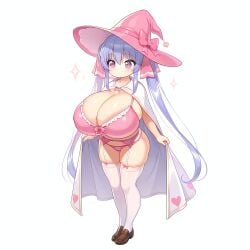 adorable ai_generated big_breasts blue_hair blush cleavage cloak collarbone cute garter_belt garter_straps huge_breasts lingerie long_hair narrow_shoulders pink_eyes riko_(shuz) shiny_clothes shiny_hair shiny_skin shortstack slim_waist solo sparkles stockings thick_thighs thighhighs wide_hips witch witch_hat yodayo