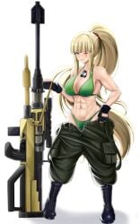 1girls 2024 abs biceps big_ass big_breasts black_gloves blonde_hair boots chaps dragunov_(metal_slug) faayafoxmaid female female_focus female_only fingerless_gloves full_body green_bra green_panties green_underwear hi_res high_resolution highres long_hair metal_slug metal_slug_attack military_boots military_pants muscle_girl muscles one_eye_closed pants_down ponytail pose scar_across_eye simple_background sniper_rifle snk thighs white_background