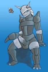 blue_eyes blue_sky bulge day erection full_body helmet horns penis sky smile solo testicles thick_thighs thighs