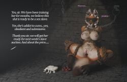 14:9 3d_(artwork) anthro blindfold bodily_fluids body_writing bondage bondage bound bowl breasts canid canine chains collar container cum cum_in_mouth cum_inside digital_media_(artwork) earplugs english_text eyewear falconfeather female fox fur gag genital_fluids genitals hi_res kidnapping mammal medium_breasts nipples nude orgasm plug prison restraints rope rope_bondage sensory_deprivation sex_toy slave text vibrator