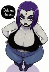 ai_generated ass ass big_ass big_breasts biting_lip biting_own_lip black_lipstick booty breasts breasts breasts chubby chubby_female cleavage dc dc_comics dialogue dumptruck_ass dumptruck_butt gigantic_ass gigantic_breasts goth grey_body hands_on_hips hips huge_ass huge_breasts jeans large_ass large_breasts lips lipstick lubbasdump midriff raven_(dc) tank_top teen_titans wide_hips