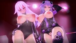 2girls 3d big_breasts black_heart blue_eyes bodysuit censored goddess kazuya_(pixiv46844905) light-skinned_female long_hair looking_down neptune_(neptunia) neptunia_(series) nipples noire open_mouth purple_hair purple_heart_(neptunia) pussy sweat thick_thighs thighhighs twin_braids white_hair