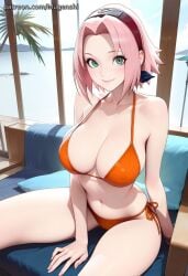 ai_generated bikini day female green_eyes hairband halterneck indoors lace_bikini light_smile looking_at_viewer medium_hair mugenshi naruto naruto_(series) naruto_shippuden ocean orange_bikini orange_swimsuit outdoors palm_tree patreon_username pink_hair reward_available sakura_haruno self_upload sitting solo swimsuit two-piece_swimsuit water
