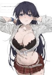 1girls :/ absurdres arms_behind_head belt belt_buckle black_bra black_hair blue_eyes blush bra breasts buckle cleavage collarbone collared_shirt cowboy_shot earrings female frilled_bra frills front-tie_top hair_between_eyes hand_in_own_hair highres huge_breasts japanese_text jewelry large_breasts le_(szs0k) light_blush long_black_hair long_hair looking_to_the_side microskirt midriff nagi_arato navel nose_blush open_clothes open_shirt plaid_clothes plaid_skirt pleated_skirt raised_eyebrows red_skirt request_inset ruri_no_houseki ruri_rocks shirt short_skirt simple_background skirt sleeves_rolled_up solo solo_female solo_focus stomach stud_earrings sweat tied_shirt underwear very_long_hair white_background white_belt white_shirt wristband