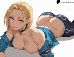 1girls ai_generated armpit_crease ass bangs bare_shoulders black_choker blonde_hair blue_eyes blue_jacket breast_press breasts butt_crack cammy_white choker closed_mouth collarbone curvy feet_out_of_frame female hi_res high_quality high_resolution highres huge_ass huge_breasts jacket large_breasts light lips looking_at_viewer lying nipples nose on_stomach opal_nemy open_jacket pants patreon_logo patreon_url patreon_username plain_background scar self_upload shadow shiny shiny_clothes shiny_hair shiny_skin short_hair simple_background single_earring solo street_fighter street_fighter_6 thick_thighs thighs tight_pants watermark white_background