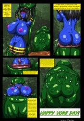 ass_imprint black_hair blue_skin breast_imprints breasts cel_shading comic comic_page comic_panel darth_morella face_imprint female huge_breasts imprint large_breasts morella pitcher_plant plant_vore prey red_eyes red_sclera swallowing tentacle vore wax-master